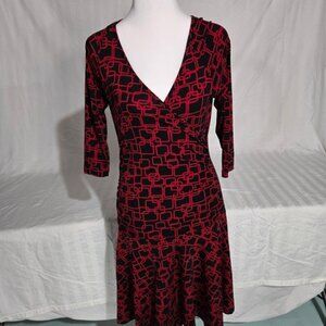 I.N. Red and Black Fit and Flare Dress V-Neck 3/4 Sleeve Size M